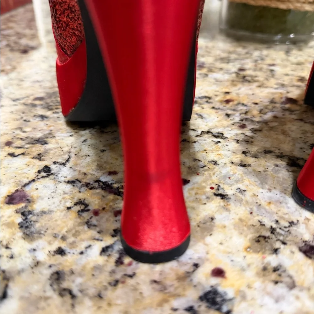 Bordello Pleaser Red Glitter Bow Platform Pumps Dorothy Wizard of Oz Size 8
